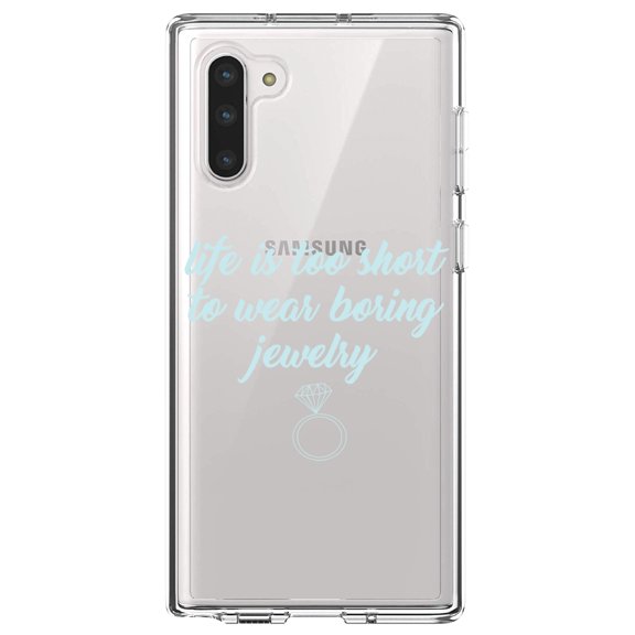 DistinctInk Clear Shockproof Hybrid Case for Samsung Galaxy Note 10 (6.3" Screen) - TPU Bumper Acrylic Back Tempered Glass Screen Protector - Life is Too Short to Wear Boring Jewelry