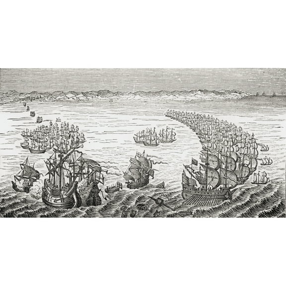 Posterazzi DPI1855423 The English Fleet Commanded by Sir Francis Drake Attacking The Spanish Armada 1588 From Old Englands Worthies by Lord Brougham Poster Print, 20 x 10