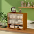 3Tier Small Bamboo Kitchen Pantry Sideboard with Sliding Striped Glass