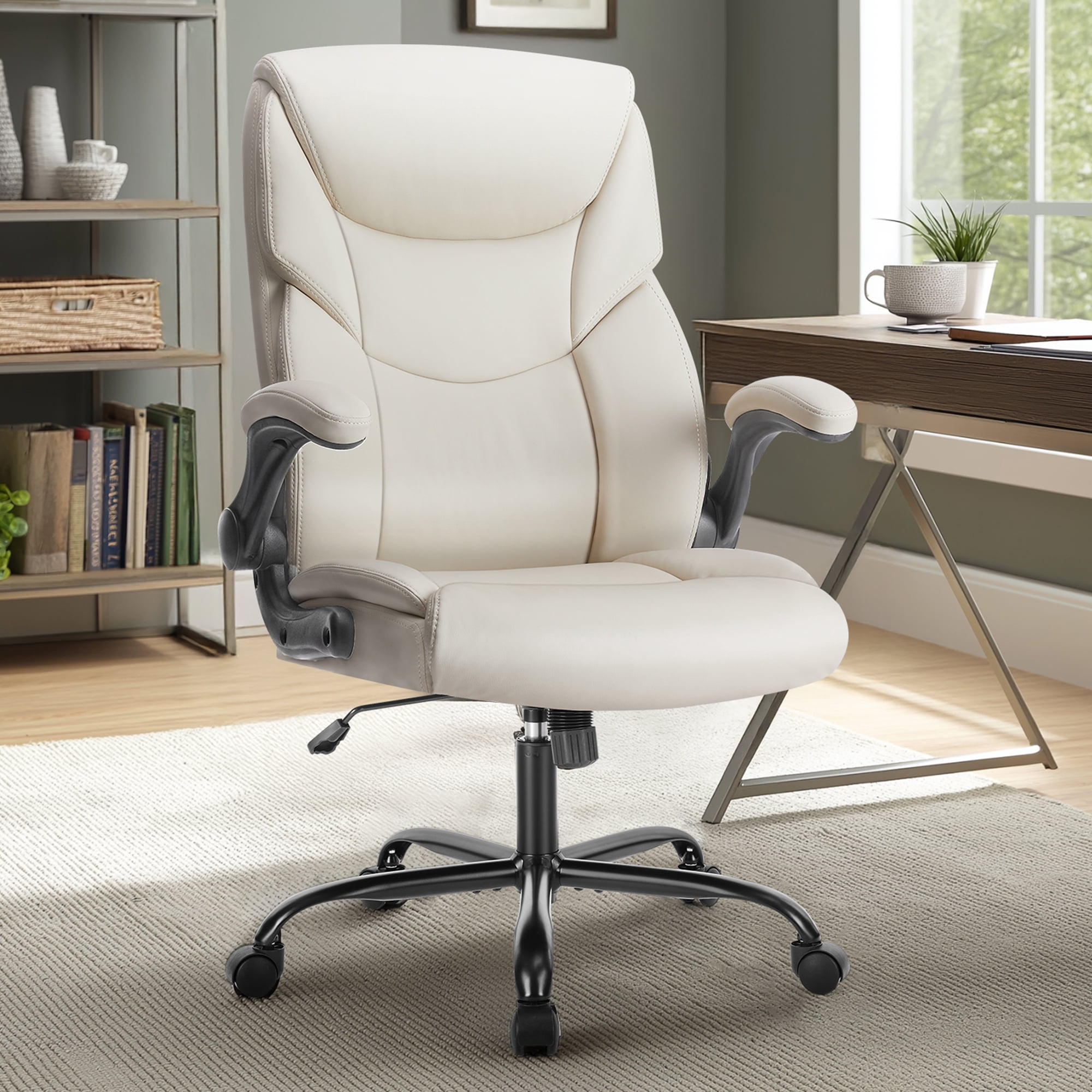 CONCETTA Ergonomic Executive Office Chair - High Back PU Leather Desk Chair with Adjustable Lumbar Support, Soft Padded Seat, Swivel & Rolling Wheels, White