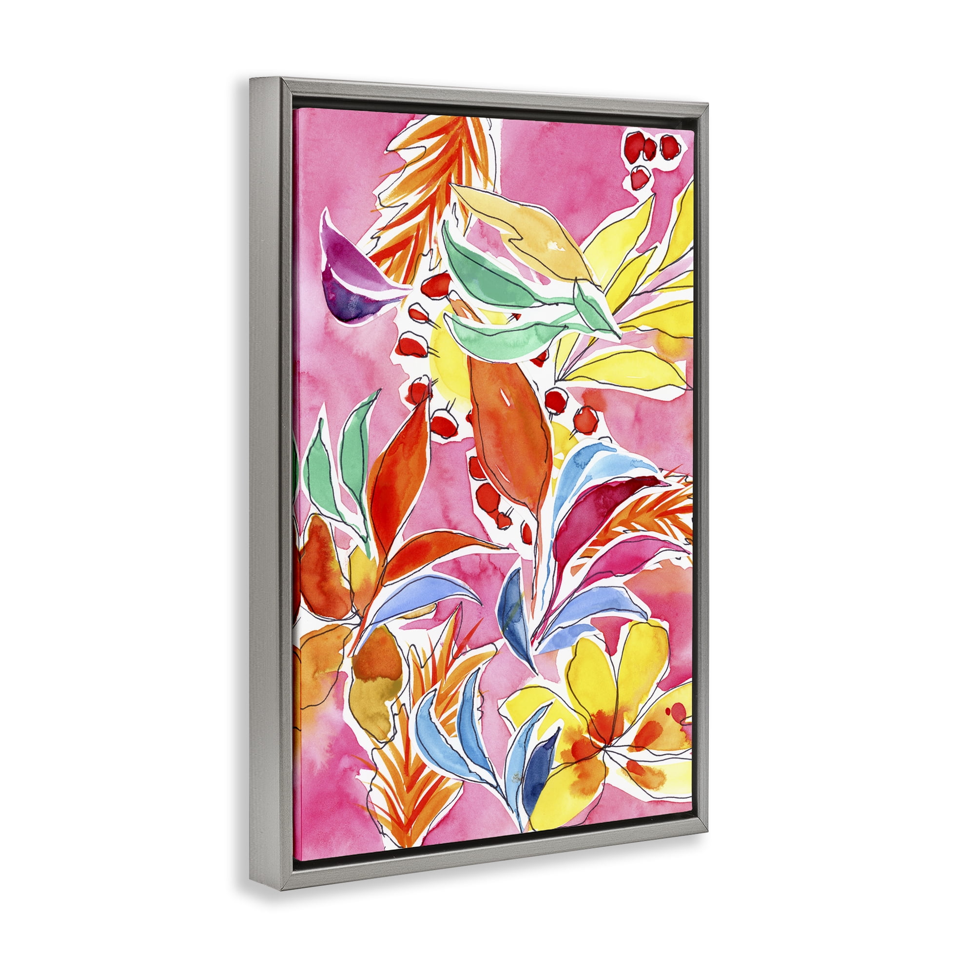 Stupell Industries Whimsical Leaves on Pink Plants & Flowers Painting Gray Floater Framed Canvas Art Print Wall Art, 17 x 25
