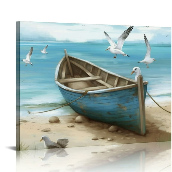 COMIO Bathroom Wall Art Coastal Décor Nautical Boat on Beach Canvas Picture Ocean Seagull Seascape Canvas Print Sea Bird Farmhouse Artwork for Seashore Bedroom Living Room Small Square Blue Teal