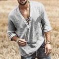 thumbnail image 2 of Men's Long Sleeve Cotton Linen Shirts Lace Up Solid Color Mid Sleeve Fashion Casual Shirts Casual Summer Beach T Shirts, 2 of 5