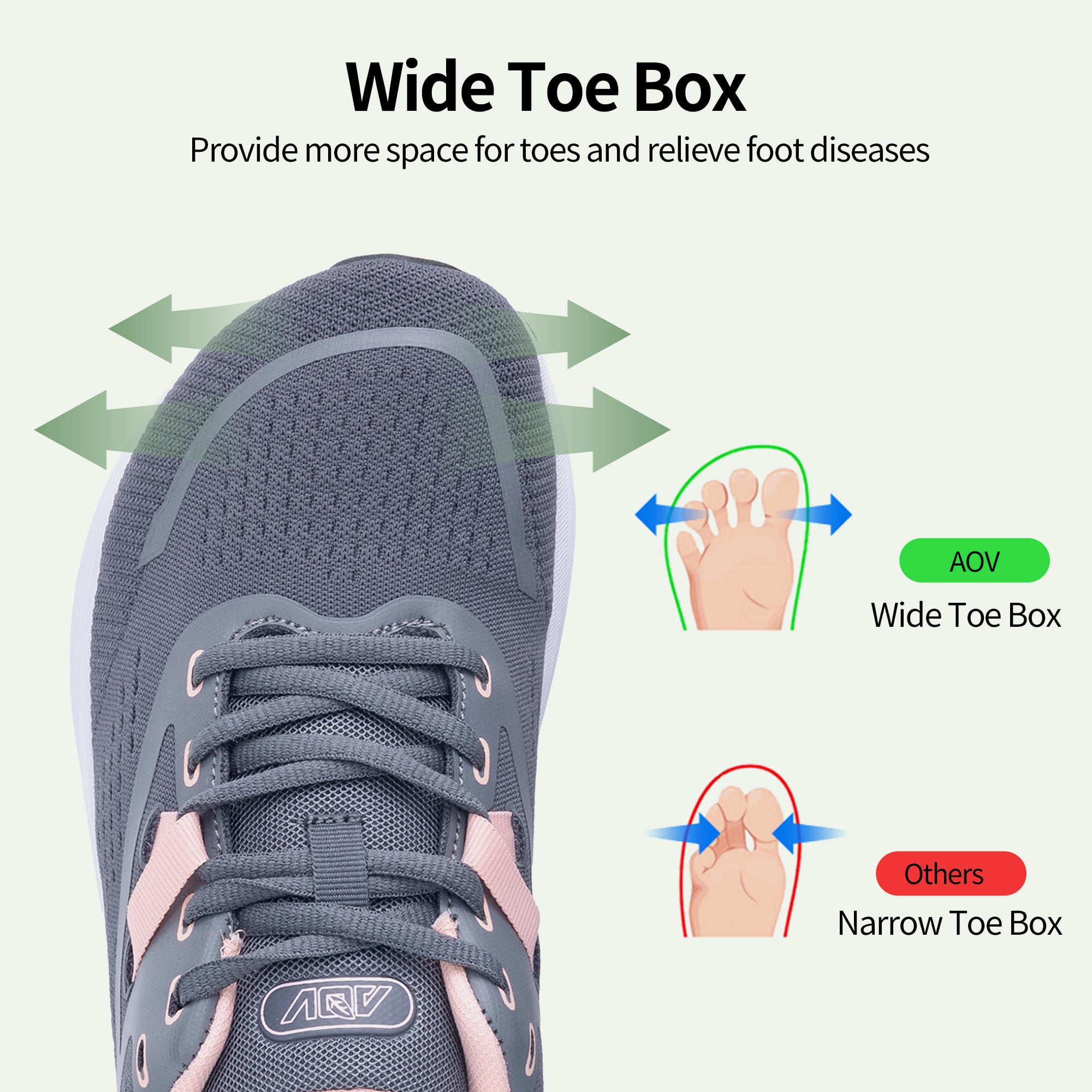 AOV Wide Toe Box Shoes Women Arch Support Walking Shoes Plantar Fasciitis Orthotic Tennis Sneakers GreyPink Size 9