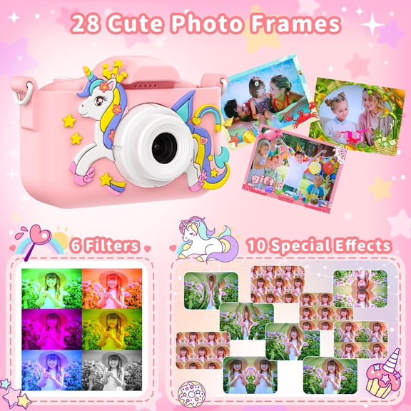 1 Pack Pink Camera with 2 Inch Screen and 32GB Card, Selfie Camera for Girls 3-12 with Filters, 8X , Puzzle Games, MP3 Player, Video Recording, Birthday Gift