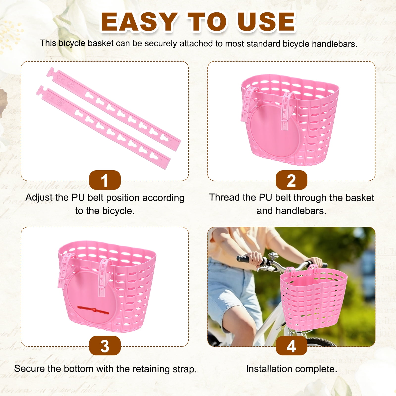 Uxcell Bike Basket, Plastic Bicycle Basket Adjustable Front Baskets with 2 Adjustment Buckles Unisex Strong Load 7.7 x 5.1 x 5.9" & Pink-Fitting For(Most Bikes/Tricycle/Scooters)