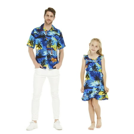 

Matching Hawaiian Luau Outfit Men Shirt Girl Wrap Dress in Sunset