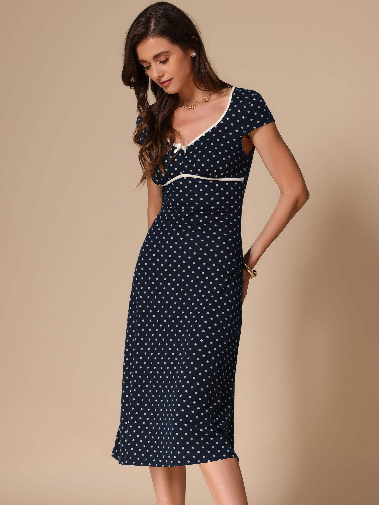 DARING DIVA Vintage Retro Classic Cap Sleeve Midi Polka Dot Dress M Dark Blue