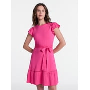 Women's and Women's Plus Belted Mini Dress with Flutter Sleeves, Racing Pink, Sizes XS-4X