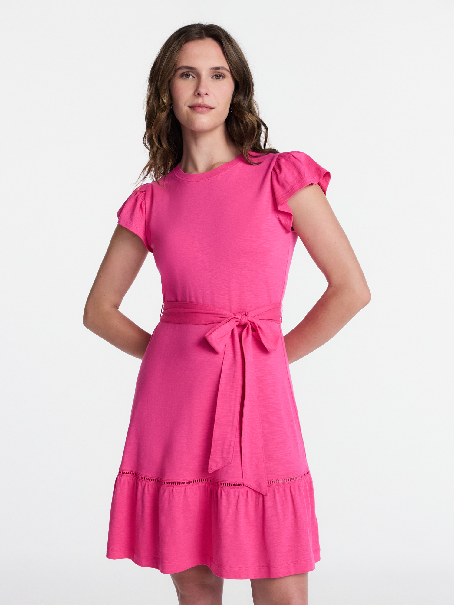Time and Tru Women's and Women's Plus Belted Mini Dress with Flutter Sleeves, Sizes XS-4X
