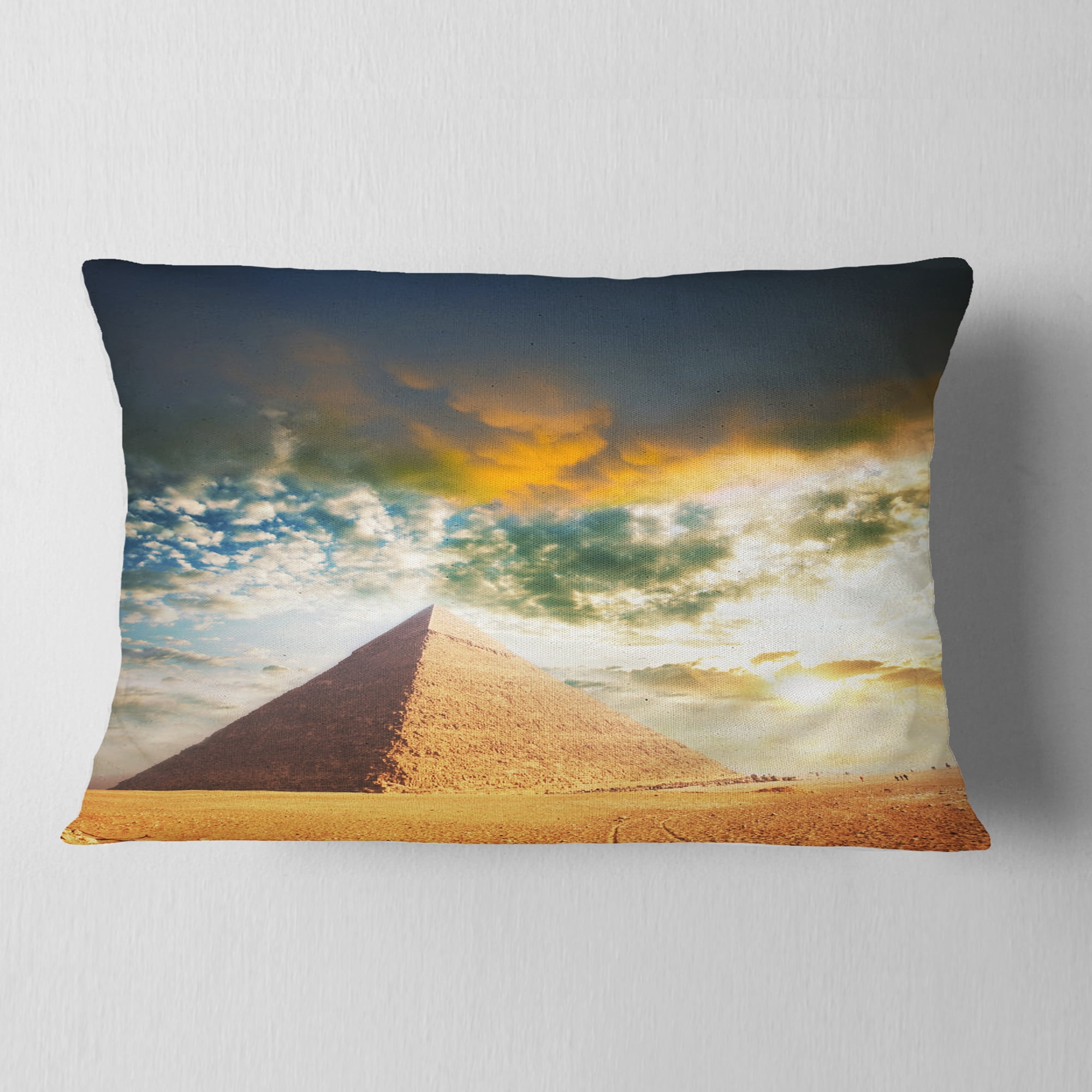 Designart Egyptian Pyramid under Cloudy Skies - Modern Landscape Printed Throw Pillow - 12x20