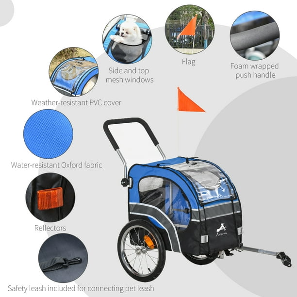 Aosom Dog Bike Trailer 2-in-1 Pet Stroller Cart Bicycle Wagon Cargo Carrier  Attachment for Travel with 360° Swivel Wheel Reflectors Flag Blue 