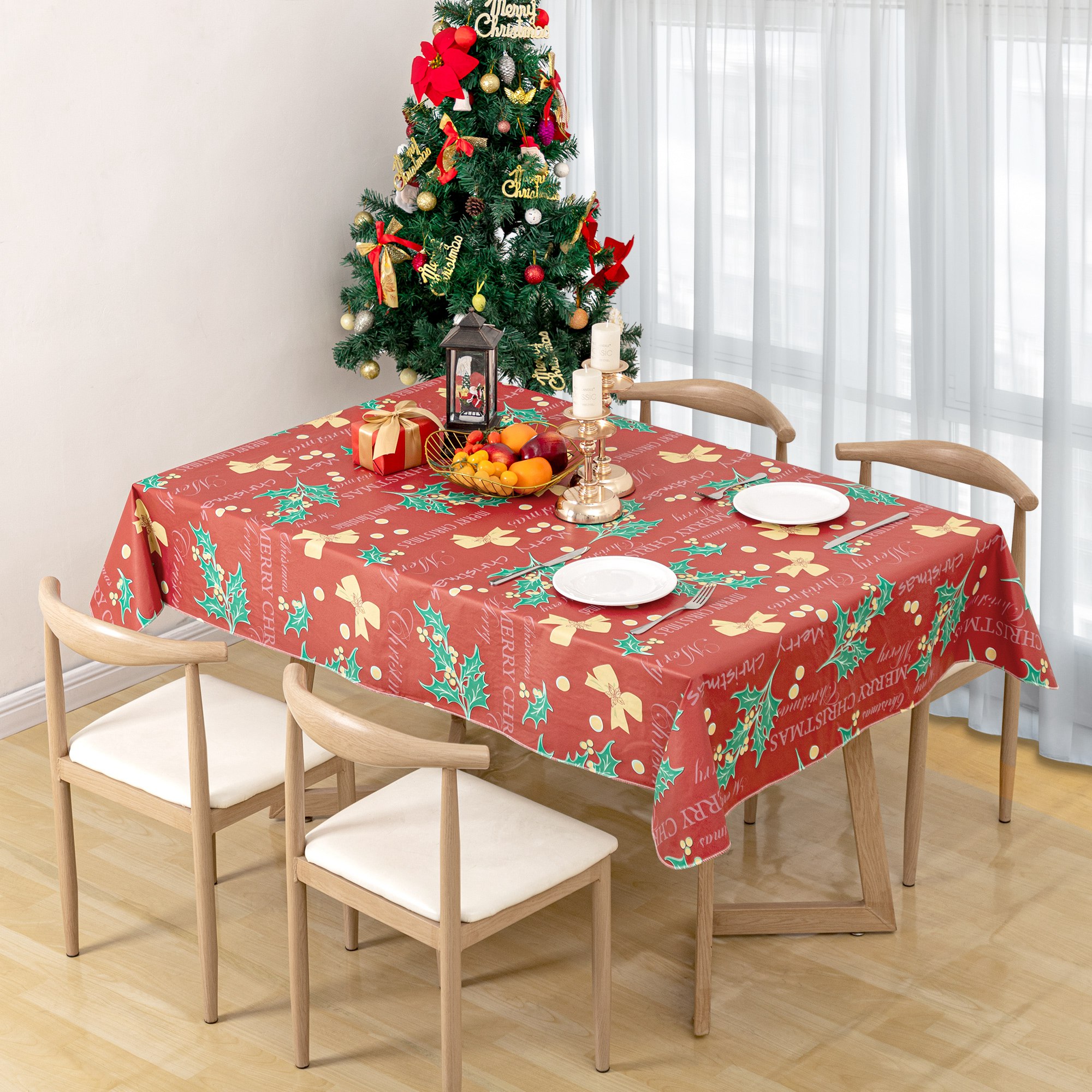 RAY STAR Large Christmas Tablecloth 60x120 inch Flannel Backing 100% Waterproof & Heavy Plastic Table Cover for Dining, Party Dec.