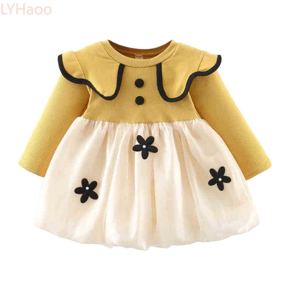 LYHaoo Toddler Girls Long Sleeve Floral Tulle Ruffles Dress Dance Party Dresses Clothes,Dresses for School Casual Sizes 12-18 Months Yellow