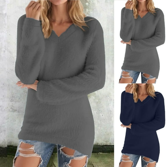 Feancey Women's Fuzzy Long Sleeve Winter Tops Plus Size Casual V Neck Tshirts Comfy Plush Thermal Pullover Sweaters Fluffy Fleece Pajamas Navy XL