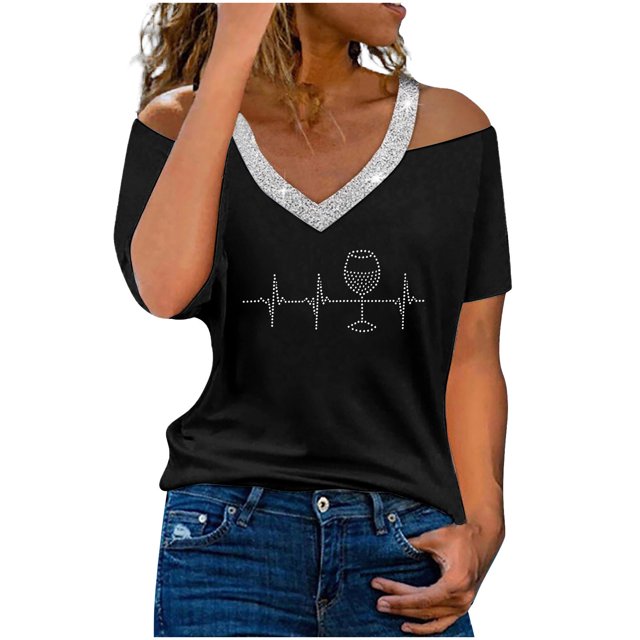 Birdeem Fashion Woman Summer V-Neck Short Sleeve Cold Shoulder Blouse T-Shirt Causal Printing Tops