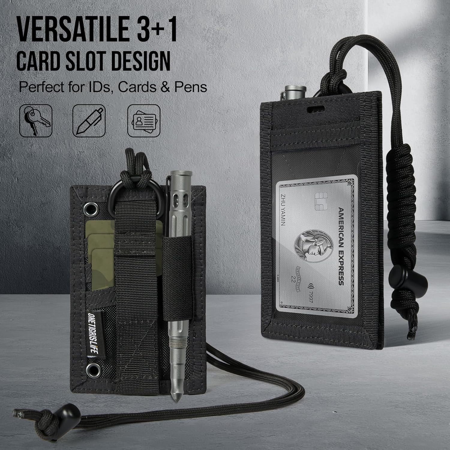 Tactical ID Card Holder Hook & Loop Patch Badge Holder Neck Lanyard Key Ring and Credit Card Organizer (Black)