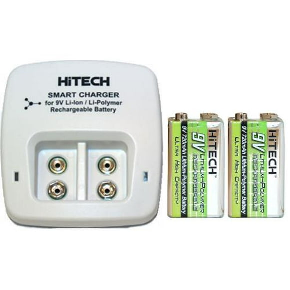 Chargeur Intelligent 2 Baies de 9 Volts Li-ion / Li-Po + 2 Batteries Lithium Polymère HiTech de 9 Volts (720 mAh)
