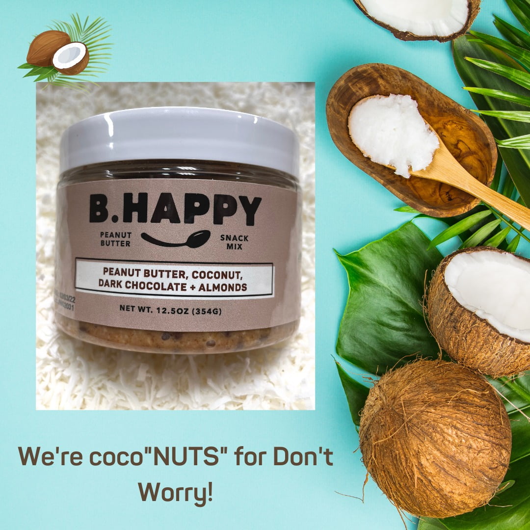 (2 pack) B Happy Peanut Butter, All Natural, Don't Worry - Coconut, Dark Chocolate, Almonds 12 oz.