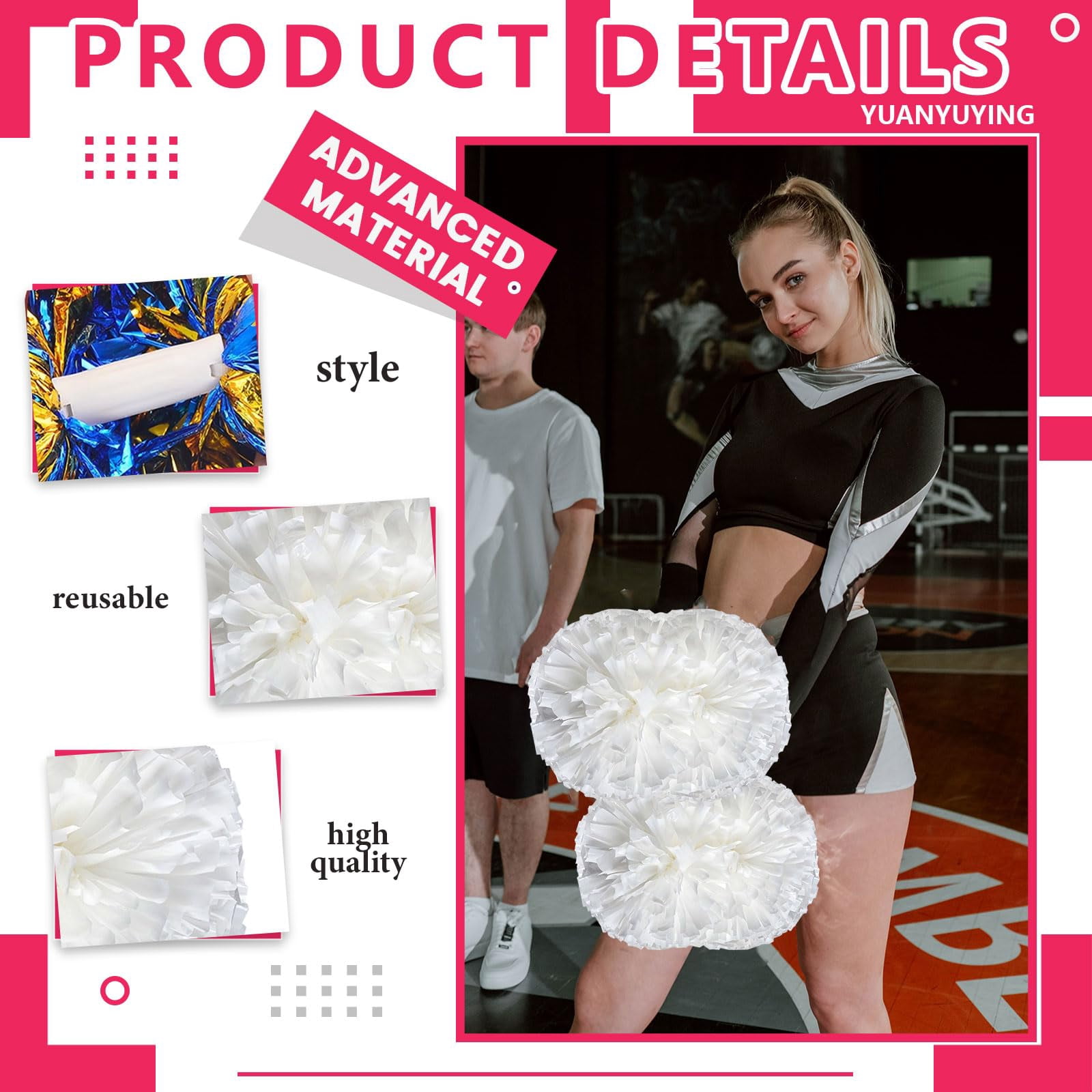 Cheer Pom Poms 8 Pcs with Handle, Cheerleading Handheld Squad Pompoms for Sports Team Cheer Spirit Games Dance Party Adults