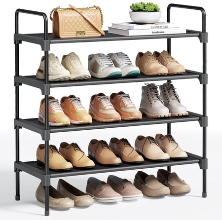 4-Tier Shoe Rack - Metal Shoe Organizer and Shoe Shelf with Handle Easy-Assembly Sturdy Shoe Rack for Closet Entryway Bedroom (Black 26.6 x 11.4 x 29.5 )