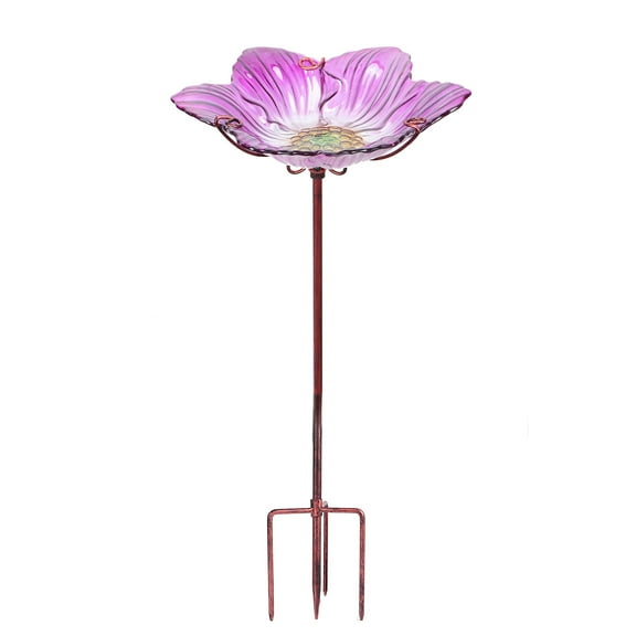 Glass Bird Bath, Outdoor Bird Feeders with Metal Stake, Pink Bird Bowls For Garden Yard Lawn