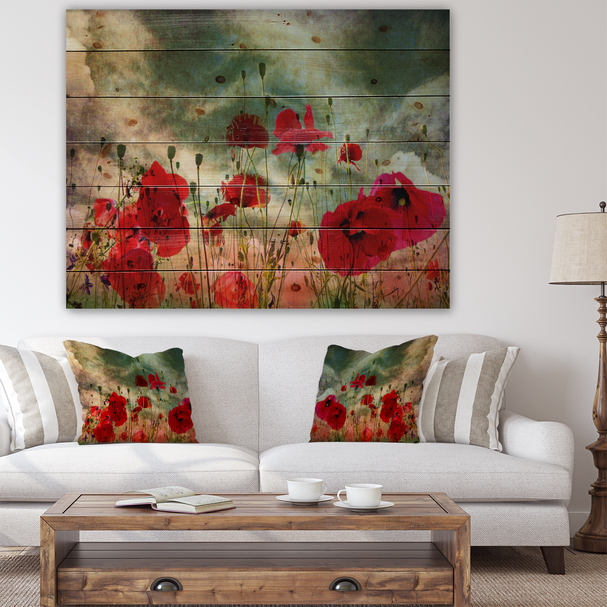 Designart 'Wild Red Poppy Flowers in Sky' Floral Print on Natural Pine Wood