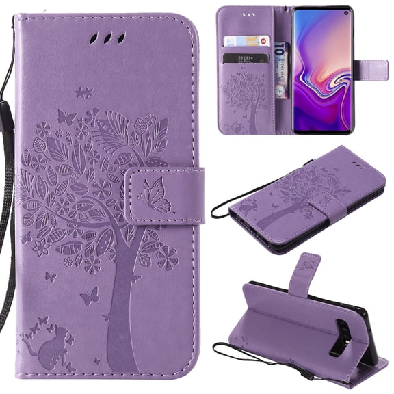 Galaxy S10 Case, Samsung Galaxy S10 Phone Cases,  [Embossed Cat & Tree] PU Leather Wallet Case Folio Flip Kickstand Cover with Card Slots for Samsung Galaxy S10 Cell Phone, Lightpurple