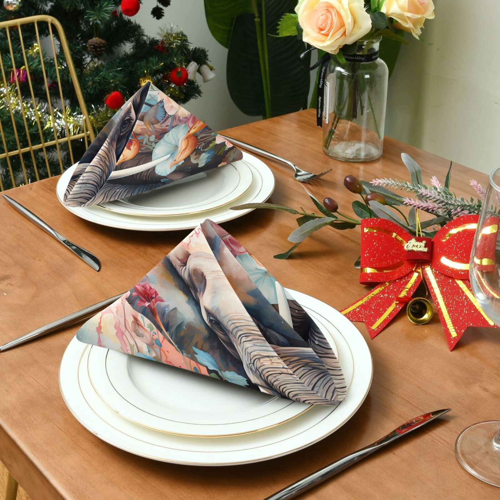 JSTEL Elephant Flowers Waterdolor Cloth Napkins Set of 6, 20x20 Inch Washable and Reusable Napkin for Decoupage Dinner Party Everyday Use