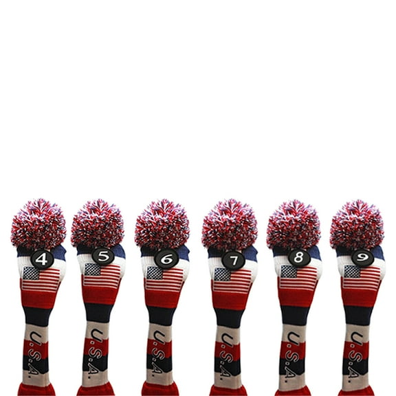 USA Majek Golf 4 5 6 7 8 9 Hybrid Set Headcovers Pom Pom Knit Limited Edition Vintage Classic Traditional Flag Stars Red White Blue Stripes Retro Head Cover 4-9 Set