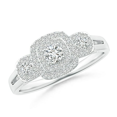 Platinum 3 Stones Cushion - April Birthstone Ring - Cushion Framed Diamond Three Stone Halo Engagement Ring in Platinum (3.3mm Diamond) - SR1522D-PT-HSI2-3.3-10