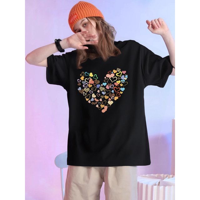 Women's Casual Crew Neck T-Shirt with Colorful Heart Print, Knit Fabric with Slight Stretch, All-Season Short Sleeve Top