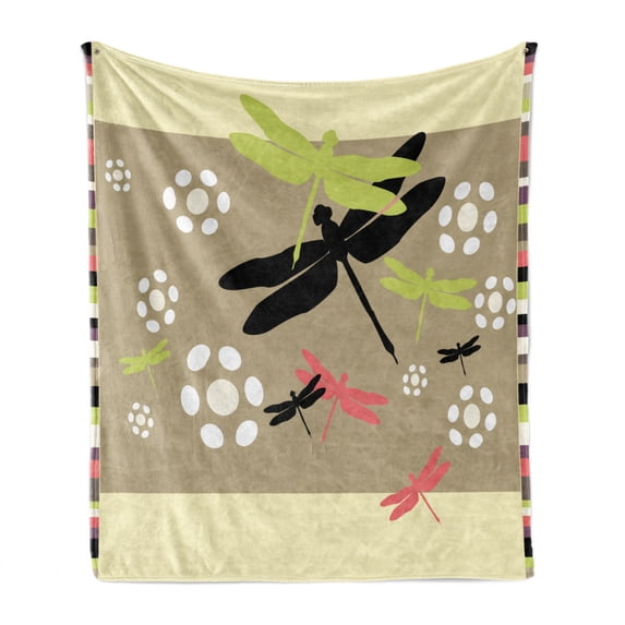 Dragonfly Soft Flannel Fleece Throw Blanket, Floral Pattern with Abstract Daisies Nature Wildlife Inspired Colorful Print, Cozy Plush for Indoor and Outdoor Use, 50" x 60", Multicolor, by Ambesonne