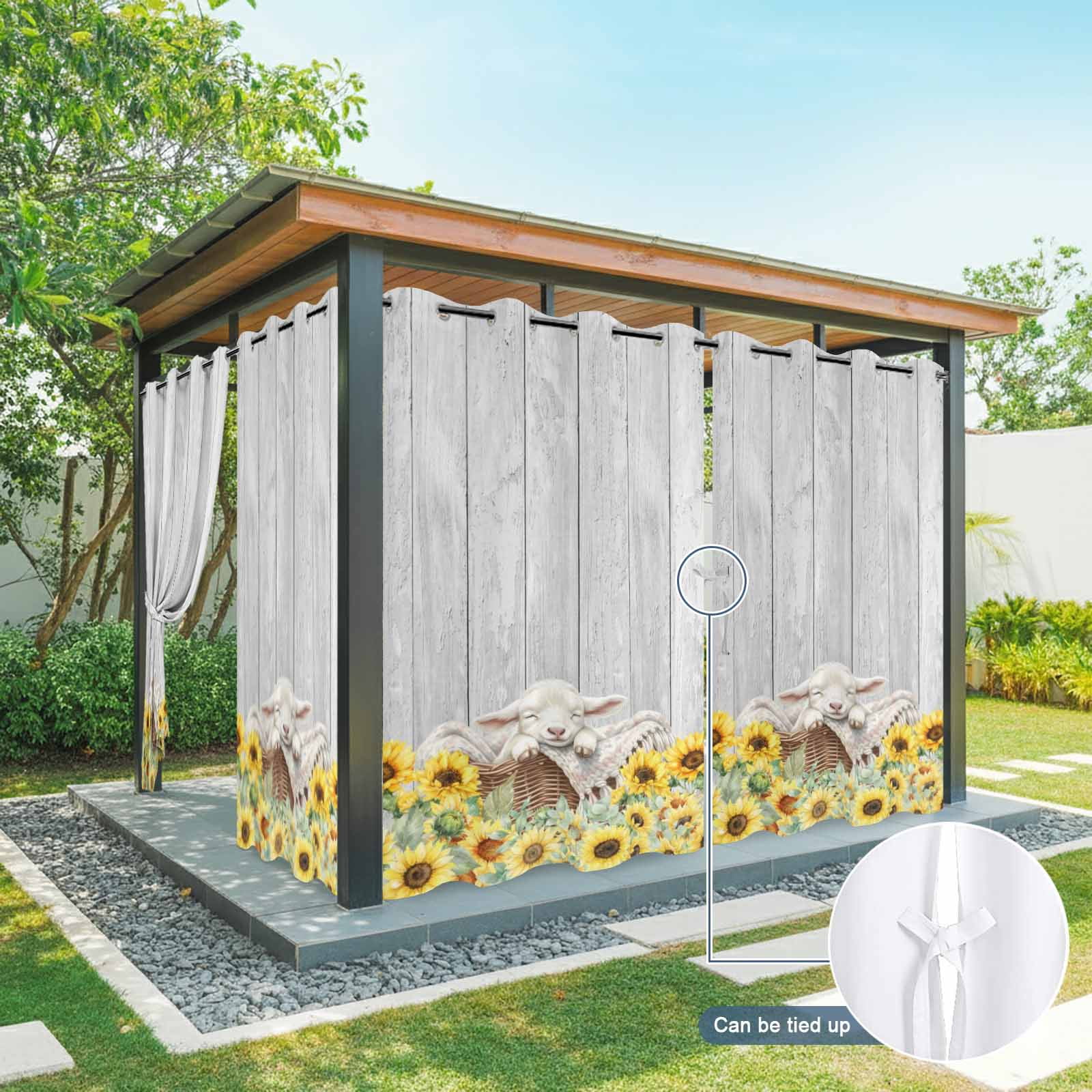 Farmhouse Outdoor Curtains for Patio, Farm Animals Cute Sheep Sunflower Wood Grain Sunshade Privacy Drapes Grommet Waterproof Outside Curtains for Porch/Cabana/Balcony 54"x 108", 1 Panel