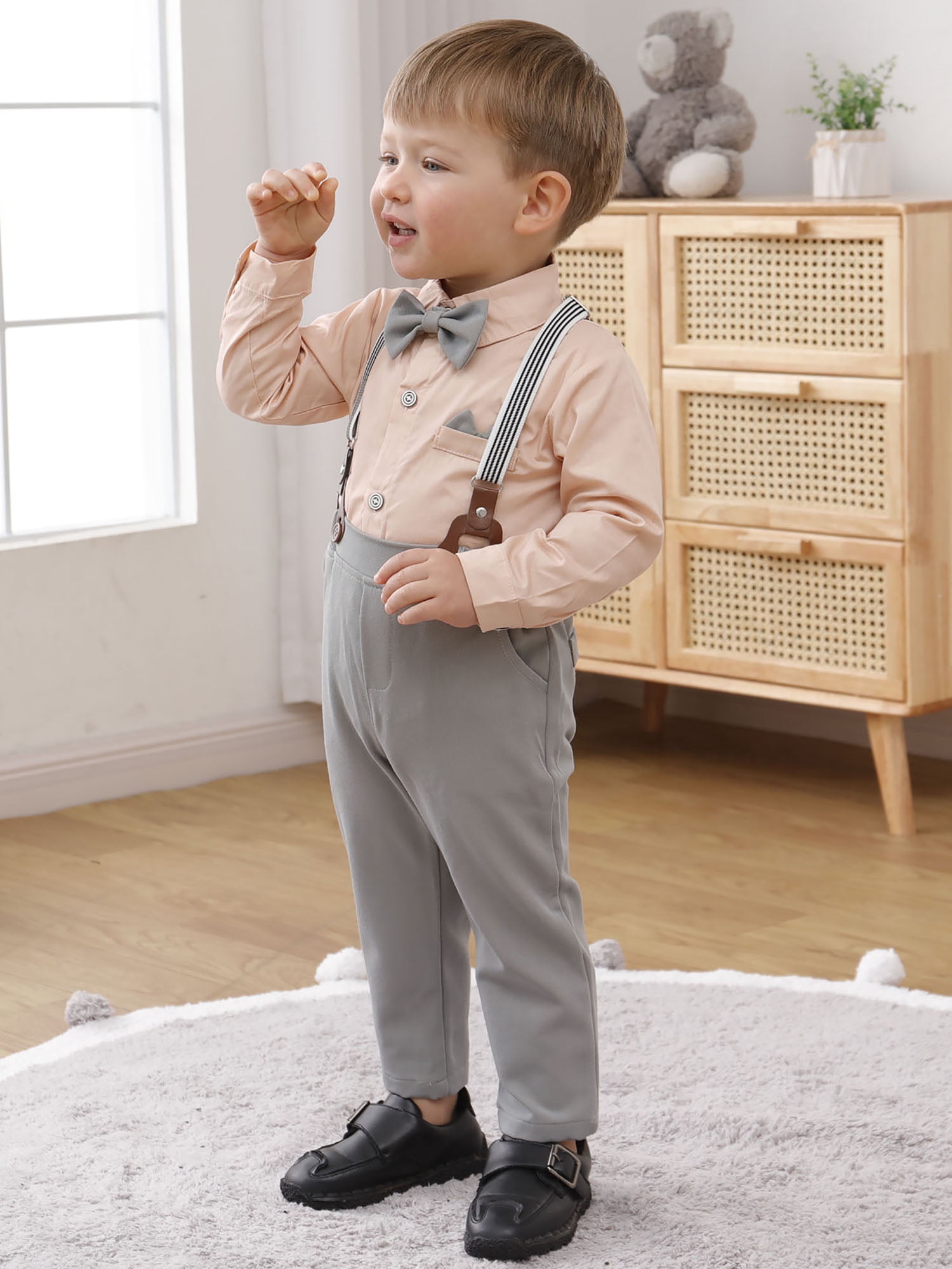 CARETOO Toddler Baby Boy Clothes Suit Gentleman Wedding Formal Dress Shirt Bowtie Suspender Pants