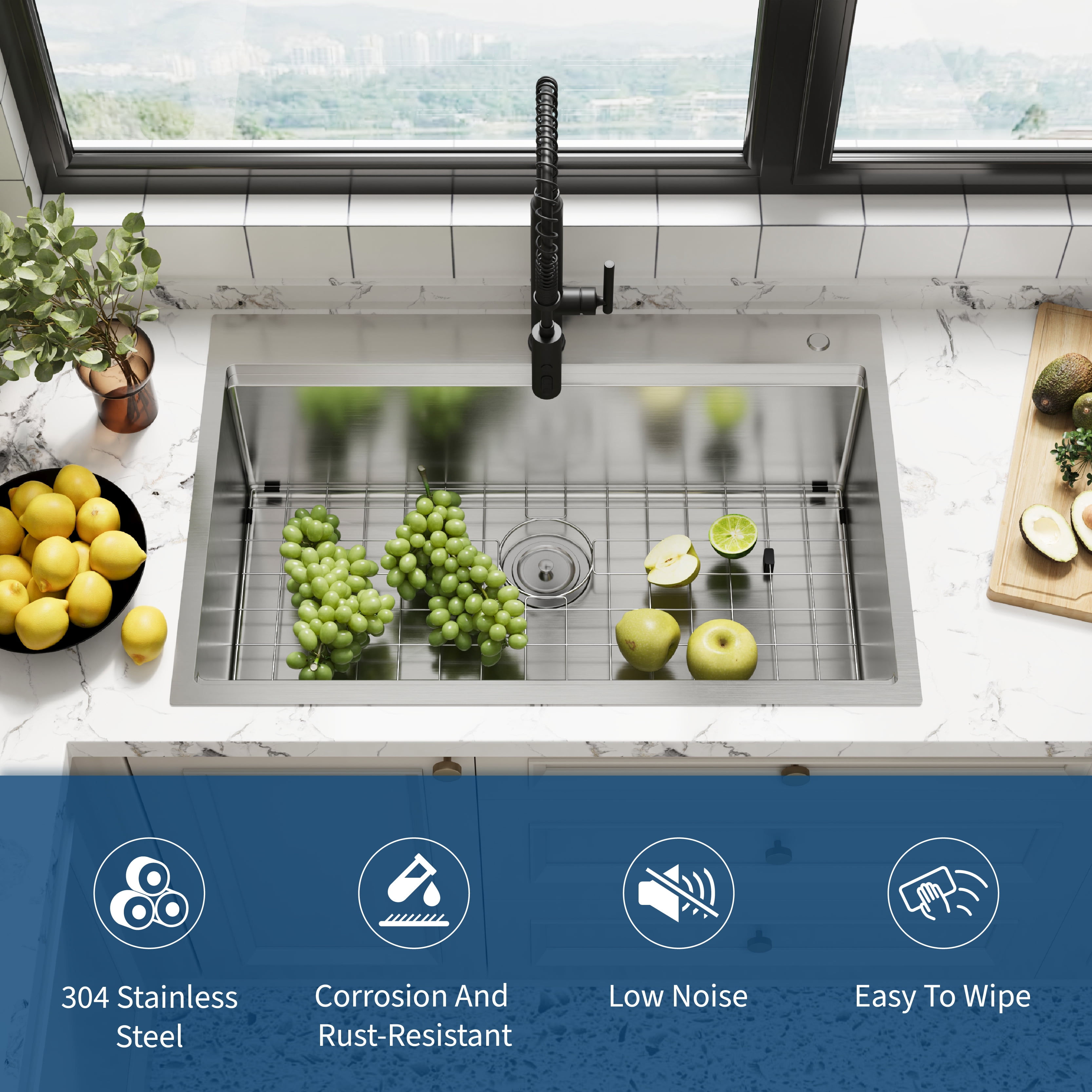 36x19 Inch Undermount Kitchen Sink, Single Bowl with Drainboard Design, 16 Gauge 304 Stainless Steel Construction, 10 Inch Deep, Includes Bottom Grid and Drain Assembly