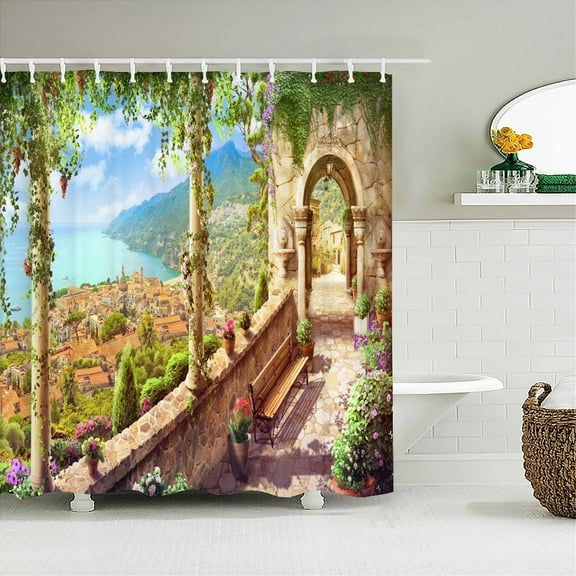 Garden landscape Shower Curtain with Waterproof Polyester Fabric Sea Seaside Flower Scenery Bathroom Curtain Home Decor