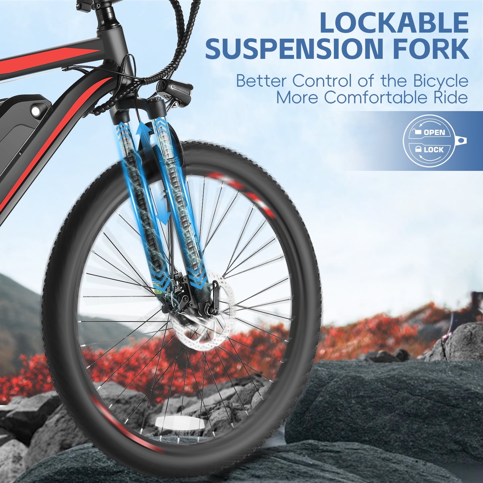 Elifine 500W Electric Bike 26" Electric Bike for Adults, 20mph Electric Mountain Bicycle, 48V Removable Battery Commuter Ebike, Adjustable 21-Speed Gears, Aluminum Alloy Frame UL 2849 Certified Red