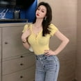 thumbnail image 5 of hirigin Women Casual T-Shirt, Solid Color Short Sleeve Slim-Fit V-Neck Button Tops, One Size, 5 of 6