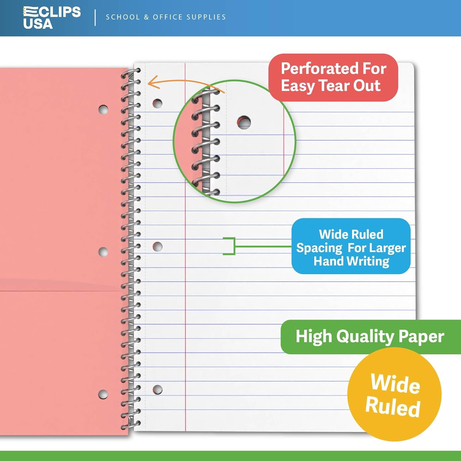 E-Clips USA 80-Sheet College-Ruled Spiral Notebook with 2-Pocket Divider, 12-Pack