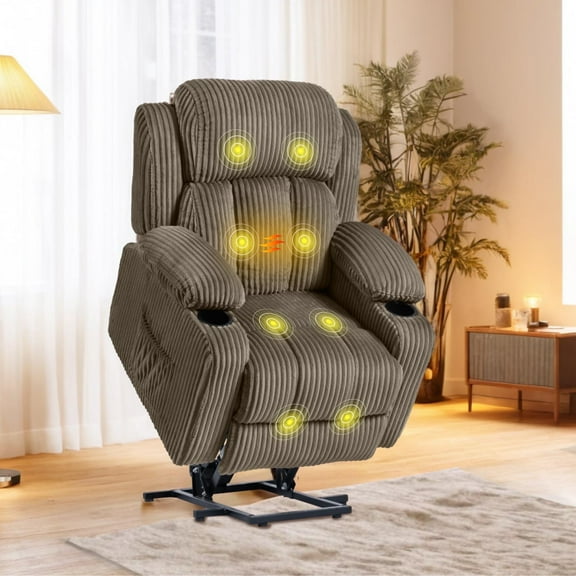 FLEXISPOT Power Lift Recliner Chair for Elderly with Massage and Heat Electric Lift Reclining Chair w/Cup Holders, Massage Recliner Sofa Chair for Living Room,Khaki Corduroy
