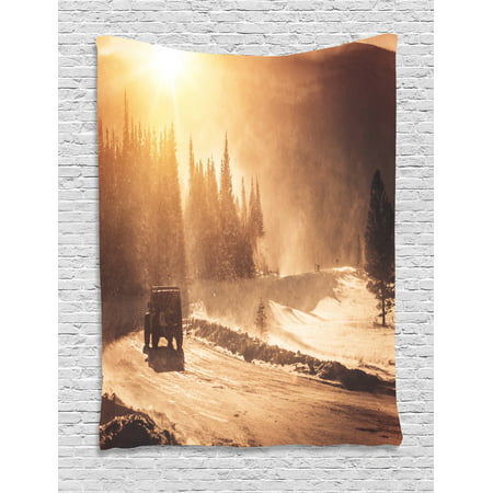 Winter Tapestry, Colorado Mountain Road and Winter Storm with High Wind Icy Road and Vehicle, Wall Hanging for Bedroom Living Room Dorm Decor, 40W X 60L Inches, Brown Orange Yellow, by