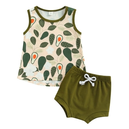 

Calsunbaby Newborn Baby Boy Outfits Set Sleeveless Avocado Printed Tops Camisole Solid Shorts Summer Clothes Green 12-18 Months