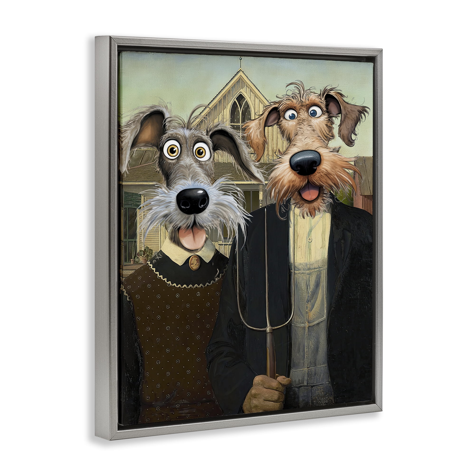Stupell Industries American Gothic Pups Gray Framed Floater Canvas Wall Art, design by Tina LeCour