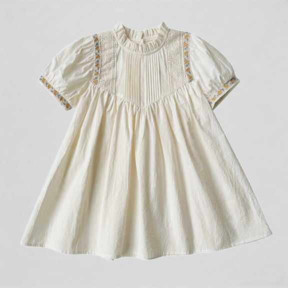 REDARER Girls' Puff Sleeve Embroidered Dress, Ruffle Neck Lace Trim Cotton Dress, Summer Casual Party Dress for Kids,1-2 Years
