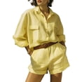 thumbnail image 2 of Jaimenalin Womens Solid Color 2 Piece Outfits Long Sleeve Lapel Button Loose Fit Top Mini Shorts Summer Set Light Yellow L, 2 of 5