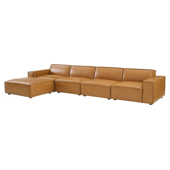 Sectional Sofa Set, Faux Vegan Leather, Tan, Modern Contemporary Urban Design, Living Lounge Room Hotel Lobby Hospitality