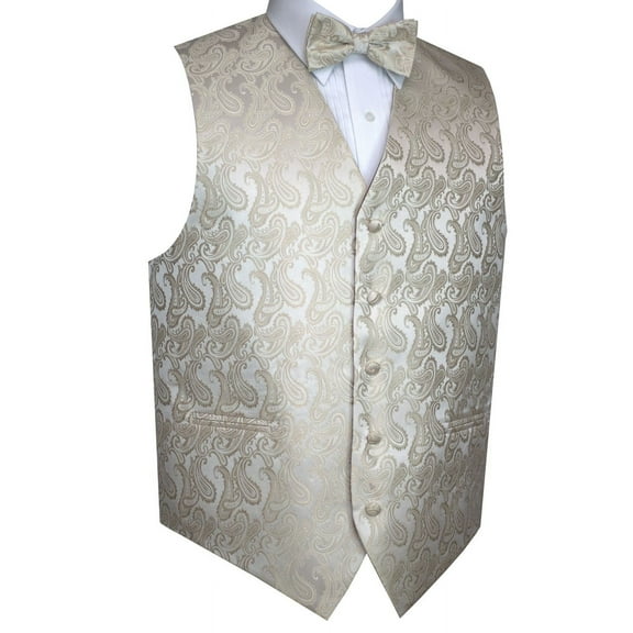 BEST TUXEDO Men's Formal, Prom, Wedding, Homecoming, Tuxedo Vest, Bow-Tie & Pocket Square Set in Champagne Paisley - M