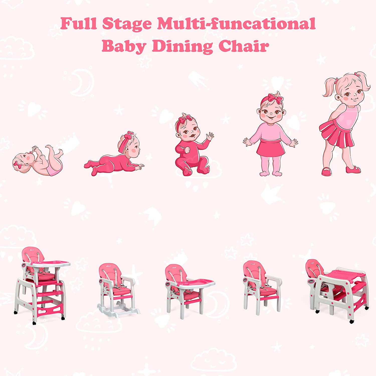 Infans 5-in-1 Convertible Baby High Chair with Adjustable Tray, Pink photo 3