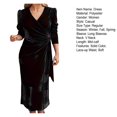 thumbnail image 7 of Quixlent Women Autum Spring Dress Cross V Neck Solid Color Lace-up Tight Waist Velvet Mid-calf Length Long Sleeves Pleated Dating Commuting Midi Dress, 7 of 7